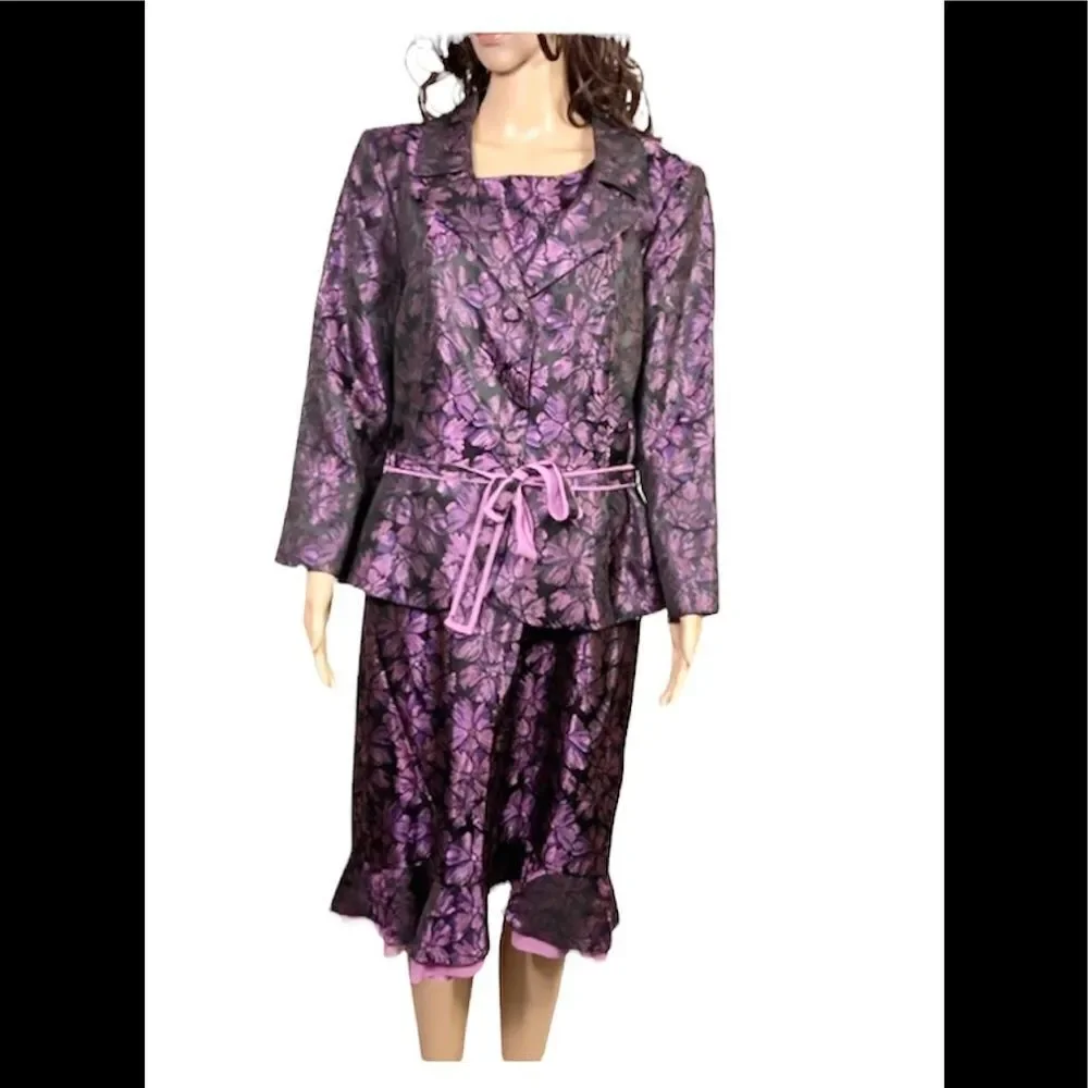NEW Nipon Boutique Onyx Purple Metallic Floral Dress Jacket Matching Set 16